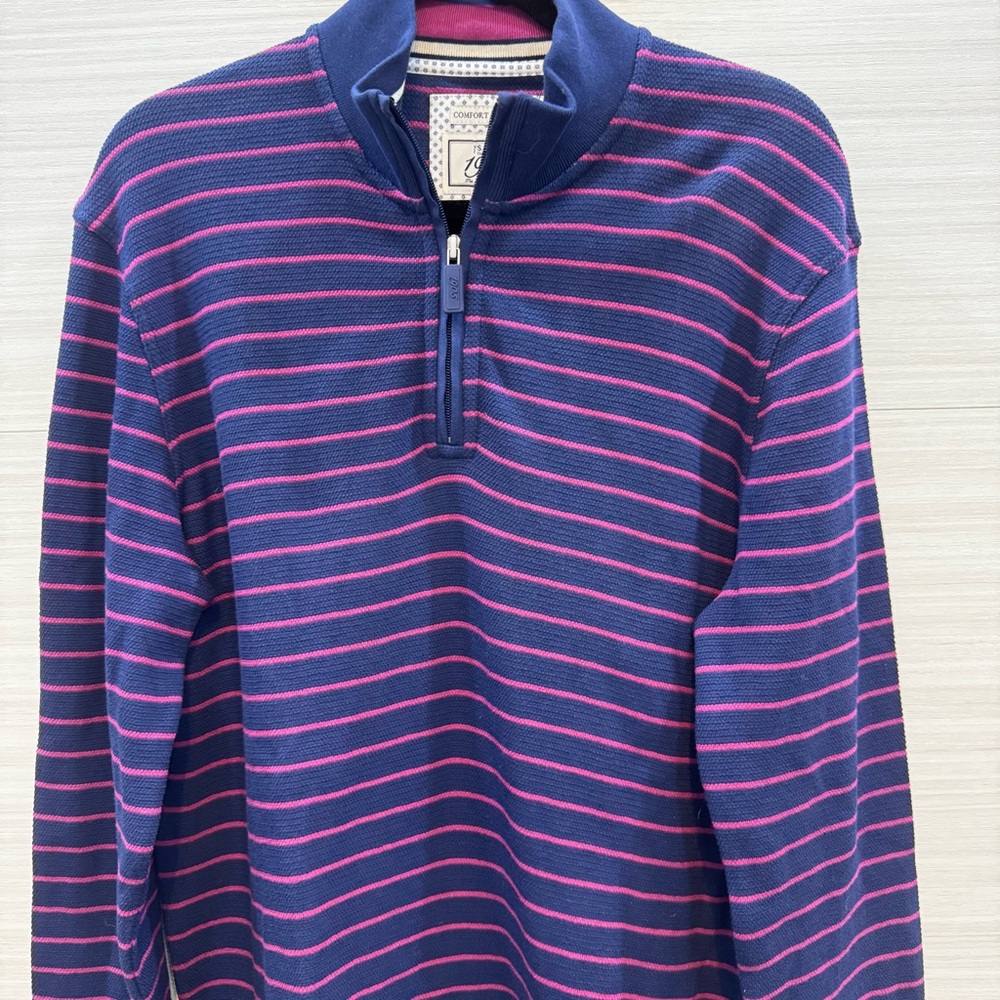 Jos. A. Bank 1905 Comfort Stretch Tailored Fit Navy&Pink Striped 1/4 Zip Sweater
